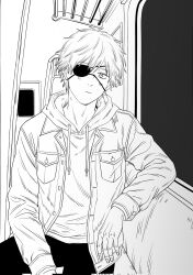  1boy blush chainsaw_man closed_mouth corrupted_twitter_file denji_(chainsaw_man) drawstring eyepatch greyscale highres hood hood_down jacket jacket_over_hoodie looking_at_viewer male_focus mekill215280 monochrome open_clothes open_jacket pants short_hair sitting solo train_interior 