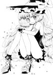  1girl ankle_cuffs bare_shoulders blush bow dress hat hat_bow high_heels kirisame_marisa knees_together_feet_apart long_hair looking_at_viewer monochrome sitting smile solo touhou witch_hat wminiminiw wrist_cuffs 