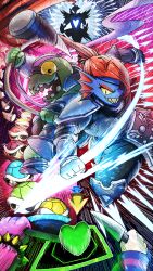  2boys 2girls armor character_pov clenched_hand deltarune eyepatch fighting fighting_stance frisk_(undertale) furry gerson_boom gerson_boom_(hammer_of_justice) green_soul_(undertale) hammer highres holding holding_hammer knife miyagawa_(maxggguys) multiple_boys multiple_girls open_mouth pov pov_hands sharp_teeth soul_(utdr) susie_(dark_world)_(deltarune) susie_(deltarune) teeth turtle_shell undertale undyne undyne_the_undying utdr_(toby_fox) yellow_eyes 
