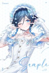  1boy aqua_eyes black_hair blue_hair braid chest_tattoo closed_mouth commentary_request crossdressing crossdressing_(mtf) dress genshin_impact gradient_hair highres kkopoli korean_commentary male_focus multicolored_hair one_eye_closed smile solo tattoo twin_braids venti_(genshin_impact) white_dress white_headdress white_sleeves 