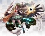  1girl arm_cannon big_hair black_legwear black_wings bow breasts cape checkered checkered_background clouds cloudy_sky cowboy_shot energy_ball feathers floating floating_hair full_body glowing glowing_eyes green_skirt hair_bow highres kneehighs large_wings light lips long_hair mismatched_legwear nabe_(crow&#039;s_head) nose open_hand outstretched_arm puffy_short_sleeves puffy_sleeves red_eyes reiuji_utsuho short_sleeves skirt sky smile solo space sunlight thighs third_eye touhou weapon wings 
