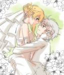  1boy 1girl aldnoah.zero asseylum_vers_allusia bare_shoulders blonde_hair blue_eyes blush bride dress elbow_gloves flower gloves green_eyes groom long_hair naguy_(nagui) short_hair silver_hair slaine_troyard smile wedding_dress 