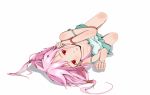  1girl bare_shoulders blush bra breasts guilty_crown hair_ornament hairclip long_hair looking_at_viewer lying on_back open_mouth pink_hair red_eyes solo strap_slip twintails underwear yuzuriha_inori 