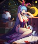  1girl animal_ears blue_eyes blue_hair breasts christmas cleavage crimson_k_night dress highres huge_breasts league_of_legends legs long_hair looking looking_at_viewer ponytail poro_(league_of_legends) rabbit_ears ribbon smile solo sona_buvelle thighs very_long_hair 