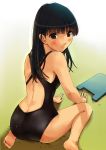  1girl amagami arm_support ass ayatsuji_tsukasa back barefoot black_school_swimsuit blush brown_eyes brown_hair competition_swimsuit from_behind frown gradient gradient_background highres kickboard long_hair looking_at_viewer looking_back mouse_(frankhell) one-piece_swimsuit school_swimsuit sitting solo swimsuit wariza wet 