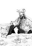  1girl chii chobits floral_print flower hair_flower hair_ornament japanese_clothes kimono monochrome parted_lips petals ribbon sitting soaking_feet solo suyao_(3mol) unmoving_pattern water 