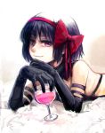  1girl akemi_homura akuma_homura alternate_hair_length alternate_hairstyle bags_under_eyes bare_shoulders black_hair bow cup elbow_gloves elbow_rest gloves hair_bow hair_ribbon holding_cup looking_at_viewer mahou_shoujo_madoka_magica mahou_shoujo_madoka_magica_movie pink_eyes purple_hair ribbon short_hair silverxp smile solo spoilers wine_glass 