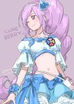  1girl ;) aono_miki cure_berry dated fresh_precure! hair_ornament heart heart_hair_ornament highres isedaichi_ken lavender_hair long_hair magical_girl midriff navel one_eye_closed precure sketch smile solo twitter_username violet_eyes 