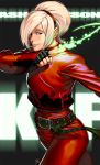  1boy androgynous ash_crimson belt blonde_hair blue_eyes cowboy_shot fingerless_gloves fire gloves green_fire hair_over_one_eye hairband jacket king_of_fighters lejean nose pants short_hair smile solo zipper 