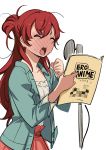  1girl :o blush book censored closed_eyes long_hair microphone mosaic_censoring open_book redhead sakaki_shizuka script shirobako solo twinpoo 