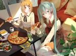  2girls :t blonde_hair blush bou_shaku dress drink drinking_straw eating food hair_ornament hairclip hatsune_miku highres kagamine_rin long_hair multiple_girls pizza seiza short_hair sitting smile table twintails very_long_hair vocaloid 