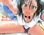  1girl black_hair blush breasts buruma cleavage collarbone dripping fangs francesca_lucchini green_eyes gym_uniform heart long_hair looking_at_viewer mishiro_shinza older open_mouth shirt short_sleeves sitting solo strike_witches sweat sweating sweating_profusely translation_request wet white_shirt 