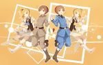  2boys 2girls axis_powers_hetalia blonde_hair boots brown_boots brown_hair crossover cure_gonna cure_pantaloni green_eyes grey_skirt happinesscharge_precure! heart hiragi_rin holding_hands italian_flag knee_boots magical_girl multiple_boys multiple_girls northern_italy_(hetalia) orange_background precure short_hair siblings side_ponytail skirt smile southern_italy_(hetalia) trait_connection twins uniform white_boots white_skirt 