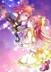  2girls boots cure_dream dark_cure_(yes!_precure_5) dark_dream earrings eyelashes gloves hair_ornament hair_rings hand_on_another&#039;s_face jewelry long_hair magical_girl midriff multiple_girls osase_(nira33) pink_eyes pink_hair precure ribbon skirt smile twintails yes!_precure_5 yumehara_nozomi 
