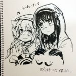  2girls akemi_homura akuma_homura anthony_(madoka_magica) blanket choker facial_hair familiar_(madoka_magica) gloves greyscale hair_ribbon hands_on_another&#039;s_head kaname_madoka looking_at_another mahou_shoujo_madoka_magica mahou_shoujo_madoka_magica_movie monochrome multiple_girls musical_note mustache photo pyotr_(madoka_magica) ribbon ribbon_choker silverxp sketchbook smile spoilers translation_request 