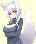 1girl animal_ears breasts cleavage fox_ears fox_tail highres long_hair open-chest_sweater original red_eyes ribbed_sweater silver_hair sogaya solo sweater tail 