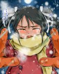  1girl against_glass black_hair closed_eyes coat crying dated fangs francesca_lucchini hair_ribbon highres long_hair mishiro_shinza mittens open_mouth ribbon snow snowing sobbing solo strike_witches tears translated twintails white_ribbon winter_clothes 