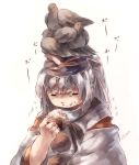  1girl bird eating food hat inari_(flandoll-scarlet-devil) japanese_clothes kariginu mononobe_no_futo onigiri ponytail ribbon short_hair silver_hair tate_eboshi touhou 