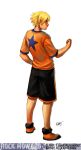  1boy blonde_hair clenched_hand full_body hand_on_hip lejean mark_of_the_wolves rock_howard shoes short_hair shorts sneakers solo standing star t-shirt white_background younger 