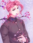  1boy blue_eyes cherry_blossoms gakuran hiro_(murmur67) jojo_no_kimyou_na_bouken kakyouin_noriaki pink_hair school_uniform solo 
