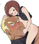  &gt;_&lt; 1boy 1girl anosumi_(ggpg) armpit_holster blonde_hair blush bob_cut bottomless brown_hair frown gamagoori_ira holster hug kill_la_kill mankanshoku_mako nudist_beach_uniform short_hair sweat tears wavy_mouth 