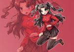  1girl black_hair black_legwear fate/stay_night fate_(series) green_eyes highres samoore solo thighhighs toosaka_rin two_side_up zoom_layer 