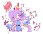  1girl ;p akiyoku balloon candy cone dragon eyelashes freedom_planet gloves happy_birthday hat heart horns lollipop one_eye_closed sash_lilac solo tail tongue tongue_out 