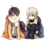  2boys aldnoah.zero aohane_riko blue_eyes blush boots brown_eyes brown_hair coat double-breasted kaizuka_inaho male_focus military military_uniform multiple_boys necktie scarf school_uniform short_hair slaine_troyard sleeves_past_wrists sweater_vest uniform winter_clothes 