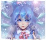  1girl 2015 against_glass blue_eyes blue_hair bow character_name cirno collared_shirt dated eyelashes hair_bow highres ice ice_wings index_finger_raised lace-trimmed_collar lens_flare lips looking_at_viewer neck_ribbon nose parted_lips portrait ribbon shest_ short_hair signature snowflakes solo touhou vest window window_fog wings 