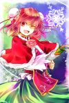  1girl :d bun_cover capelet confetti double_bun flower ibaraki_kasen kutsuki_kai looking_at_viewer one_eye_closed open_mouth party_popper pink_hair red_eyes rose skirt smile solo tabard touhou 