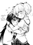  2girls akemi_homura blush crying crying_with_eyes_open greyscale hair_ribbon hairband hand_on_another&#039;s_head hug kaname_madoka long_hair looking_at_viewer looking_back mahou_shoujo_madoka_magica mahou_shoujo_madoka_magica_movie monochrome multiple_girls ribbon school_uniform short_twintails silverxp simple_background smile sweatdrop tears translation_request twintails wavy_mouth white_background yuri 