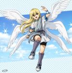  1boy afuro_terumi angel_wings armband bike_shorts blonde_hair clouds inazuma_eleven inazuma_eleven_(series) long_hair looking_at_viewer male_focus mizuhara_aki open_mouth red_eyes seraph sky solo wings zeus_(inazuma_eleven) 