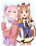 2girls animal_ear_fluff animal_ears bangs black_shirt blue_eyes blue_jacket bow brown_eyes cardigan collared_shirt commission crown english_commentary hazumi_aileen highres indie_virtual_youtuber jacket lion_ears lion_girl looking_at_viewer military military_uniform minoco_(sana_moko) multiple_girls muushiboo purple_bow purple_skirt red_cardigan second-party_source shirt skeb_commission skirt sleeves_past_wrists smile twintails uniform v virtual_youtuber white_bow white_shirt white_skirt 
