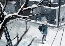  1girl bag bare_tree black_legwear blue_eyes blue_hair bou_shaku breath cirno coat cold footprints from_above gate hair_ribbon highres pantyhose ribbon scarf school_bag school_uniform shadow sleeves_past_wrists snow solo telephone_pole touhou tree wall winter 