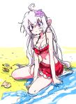  1girl :&lt; barefoot beach bikini bikini_skirt blush bow breasts cleavage collarbone crab eyebrows_visible_through_hair frilled_bikini frills hair_bow long_hair looking_at_viewer low-tied_long_hair mokeo navel pink_bow pout red_bikini red_swimsuit sand seashell senki_zesshou_symphogear shell sitting solo starfish swimsuit twintails very_long_hair violet_eyes water water_drop white_hair yukine_chris 