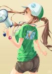  1girl ass back baseball_cap breasts brown_background brown_eyes brown_hair clothes_writing hat highres long_hair looking_at_viewer looking_back megaphone original ponytail re_lucy revision shirt short_sleeves shorts signature simple_background smile solo watch watch 