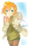  1girl blue_eyes bow bread coat eating food hair_bow kakizato kousaka_honoka love_live!_school_idol_project open_clothes open_coat open_mouth orange_hair pantyhose side_ponytail solo turtleneck winter_clothes winter_coat 