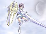  1girl blue_eyes breasts lance looking_at_viewer original polearm purple_hair r.stars shield short_hair solo valkyrie weapon 
