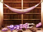  1girl barefoot book bookshelf crescent faceplant failure hair_ribbon hammock hat hat_removed headwear_removed long_hair long_sleeves lying messy_hair on_stomach patchouli_knowledge pillow purple_hair ribbon shirosato solo touhou tress_ribbon very_long_hair wide_sleeves 