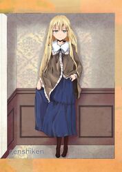  1girl akaitori blonde_hair blue_eyes boots cardigan copyright_name fashion genshiken highres long_hair long_skirt ribbon skirt skirt_hold smile solo susanna_hopkins 