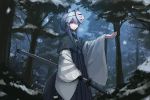  1girl :o animal_ears blue_eyes blue_hair forest fox_ears fox_mask hair_ornament katana long_sleeves mask nature noconol original outdoors outstretched_arm payot sheath sheathed short_hair_with_long_locks snow snowflake_hair_ornament snowing solo sword tail weapon wide_sleeves 