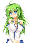  1girl ahoge bare_shoulders between_breasts blue_eyes blush breasts cleavage collarbone detached_sleeves flying_sweatdrops frog_hair_ornament green_hair hair_ornament highres kochiya_sanae large_breasts long_sleeves pocky revision sitting snake_hair_ornament solo touhou us2s v_arms wavy_mouth white_background wide_sleeves 
