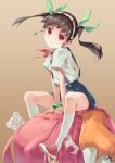  1girl backpack bag bakemonogatari bandaid bandaid_on_knee bracelet brown_background brown_hair hachikuji_mayoi hair_ribbon hairband head_tilt highres jewelry kneehighs looking_at_viewer looking_back monogatari_(series) pink_eyes re_lucy red_shoes revision ribbon shirt shoes short_sleeves sitting_on_object skirt solo spread_legs stuffed_animal stuffed_toy suspenders teddy_bear twintails v_arms white_legwear 