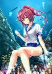  1girl arm_support bare_legs cellphone coral_reef high_ponytail i-168_(kantai_collection) kantai_collection looking_at_viewer neckerchief nishiura_gin phone red_eyes redhead sailor_collar school_swimsuit school_uniform serafuku sitting smartphone solo swimsuit swimsuit_under_clothes underwater 