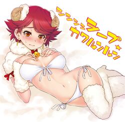  1girl 2015 arm_warmers bikini blush breasts cure_southern_cross earrings happinesscharge_precure! horns jewelry kazuma_muramasa navel orange_eyes precure redhead sheep_horns short_hair side-tie_bikini solo swimsuit thigh-highs translated wool 