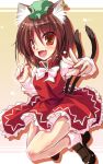  1girl :d animal_ears bow brown_eyes brown_hair cat_ears cat_tail chen dress ear_piercing fang jewelry long_sleeves mob_cap multiple_tails open_mouth piercing red_dress shirt single_earring smile solo tail touhou v yamu_(reverse_noise) 