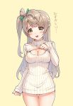  1girl breasts brown_hair cleavage cleavage_cutout gou_(ga673899) hair_ribbon long_hair love_live!_school_idol_project minami_kotori naked_sweater one_side_up open-chest_sweater open_mouth revision ribbed_sweater ribbon solo sweater tears thigh_gap translated turtleneck very_long_hair yellow_eyes 