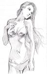 1girl bikini breasts cleavage collarbone graphite_(medium) hand_on_own_chest long_hair murata_yuusuke navel original parted_lips simple_background sketch solo swimsuit traditional_media white_background 