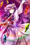  1girl book crescent_hair_ornament crystal dress hair_ornament kutsuki_kai long_hair mob_cap patchouli_knowledge purple_hair shaded_face solo spell touhou very_long_hair violet_eyes 