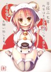  1girl animal_costume arms_behind_back bell blush breasts cleavage fang grey_legwear horns large_breasts looking_at_viewer new_year no_shoes orange_eyes original pink_hair sheep_costume sheep_hood sheep_horns shia_flatpaddy slit_pupils solo syroh tail thigh-highs thigh_gap 